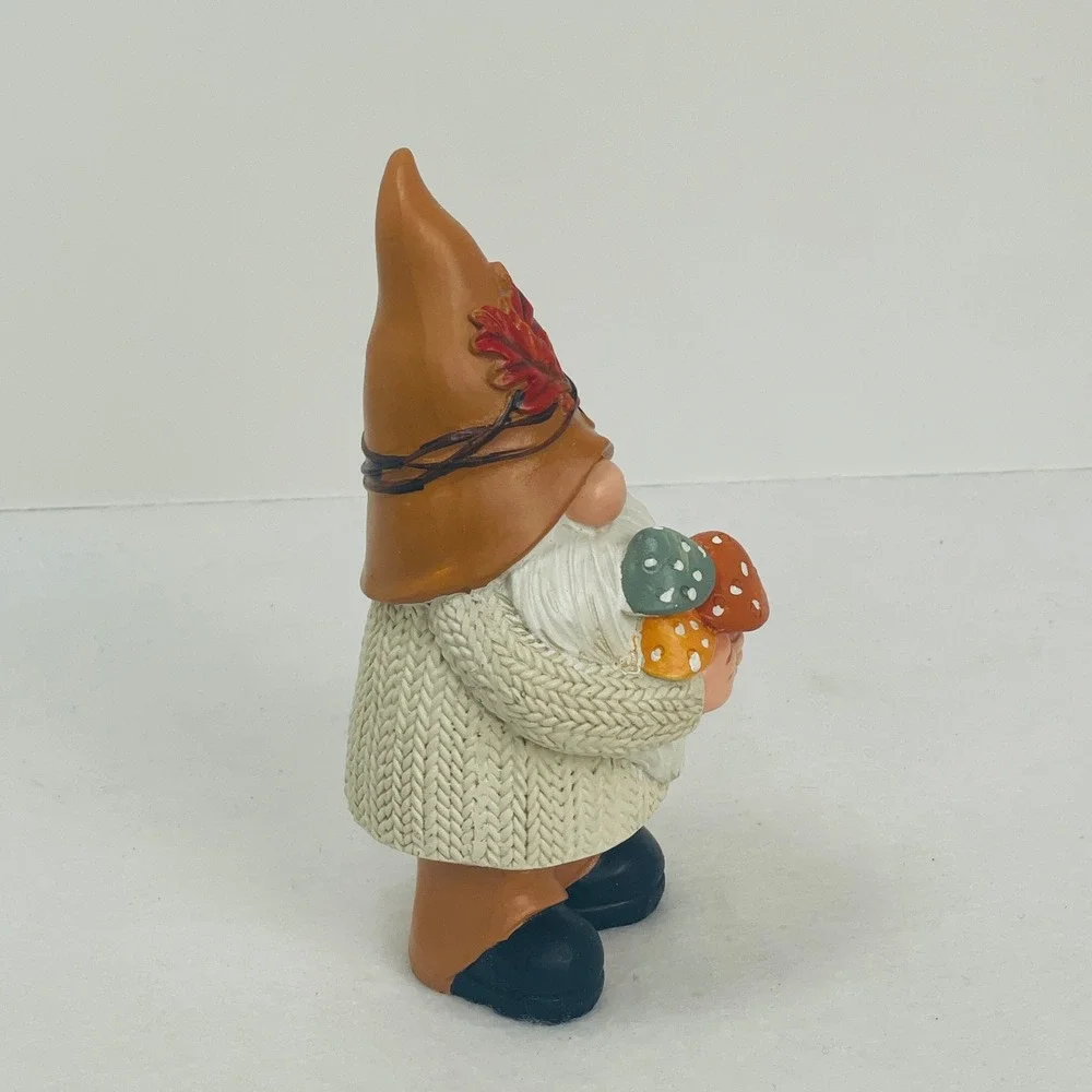 Fall Gnome Figurine Autumn Decor Cable Knit Sweater Mushrooms Brown Hat 6.5 Inch